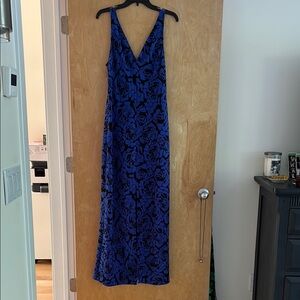 Blue and Black Sleeveless V-Neck Maxi Gown